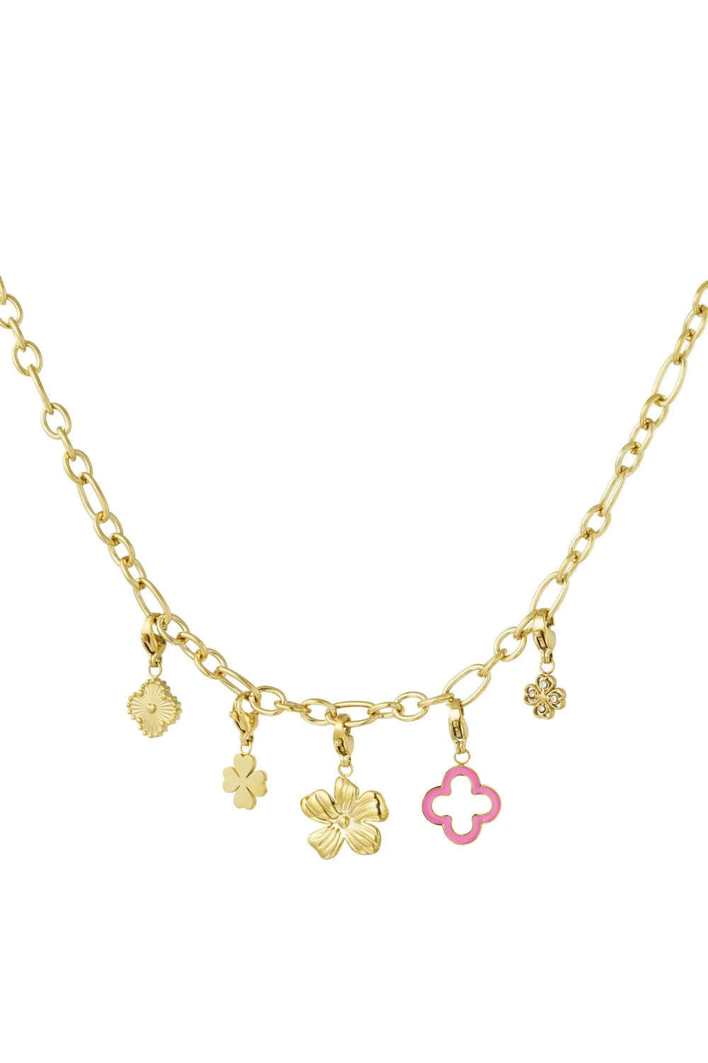 Golden Blossom Charm Ketting – Stainless Steel met Bloemen Bedels K021