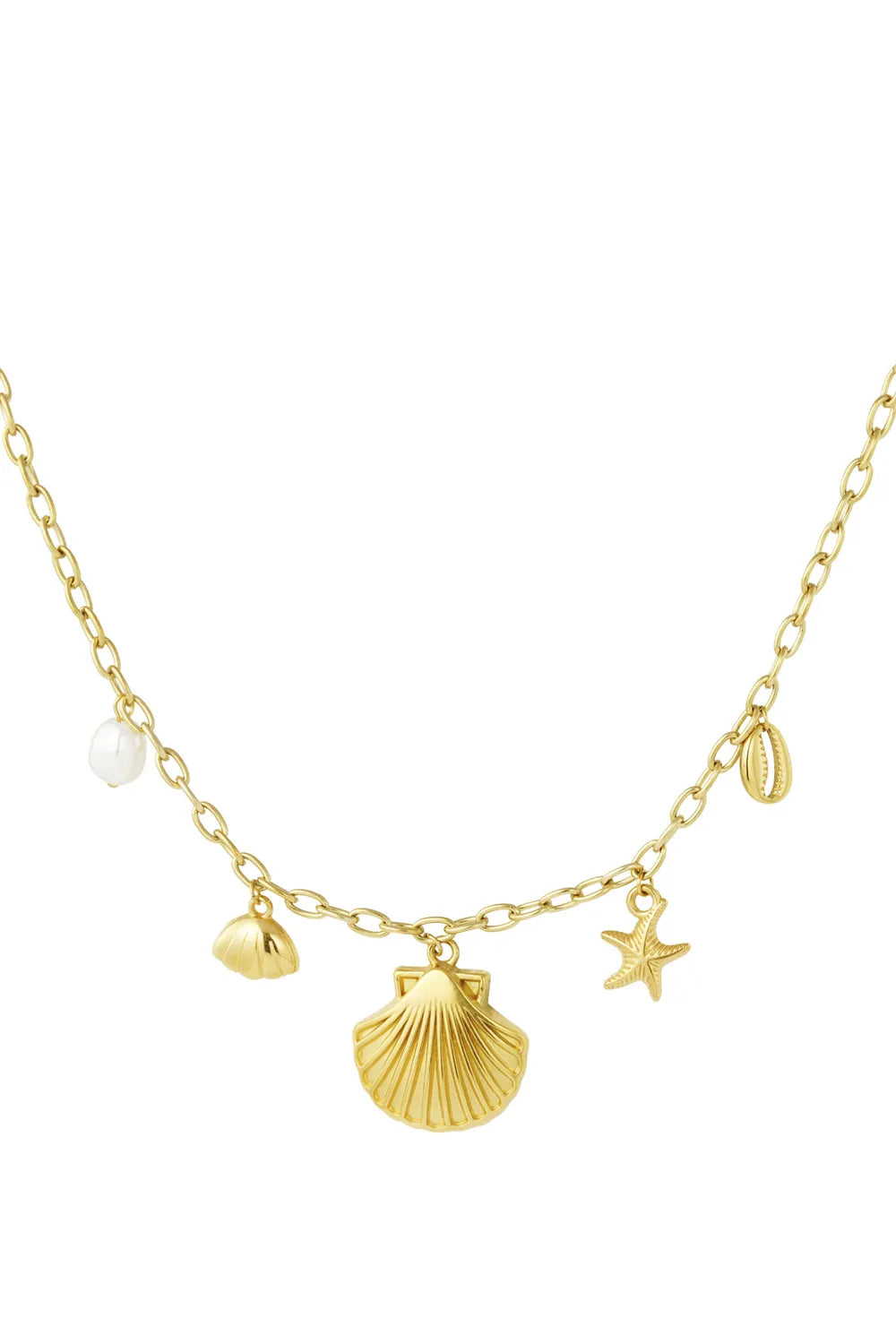 Ocean Treasure Charm Ketting – Stainless Steel met Schelp, Zeester & Parel Bedels K028