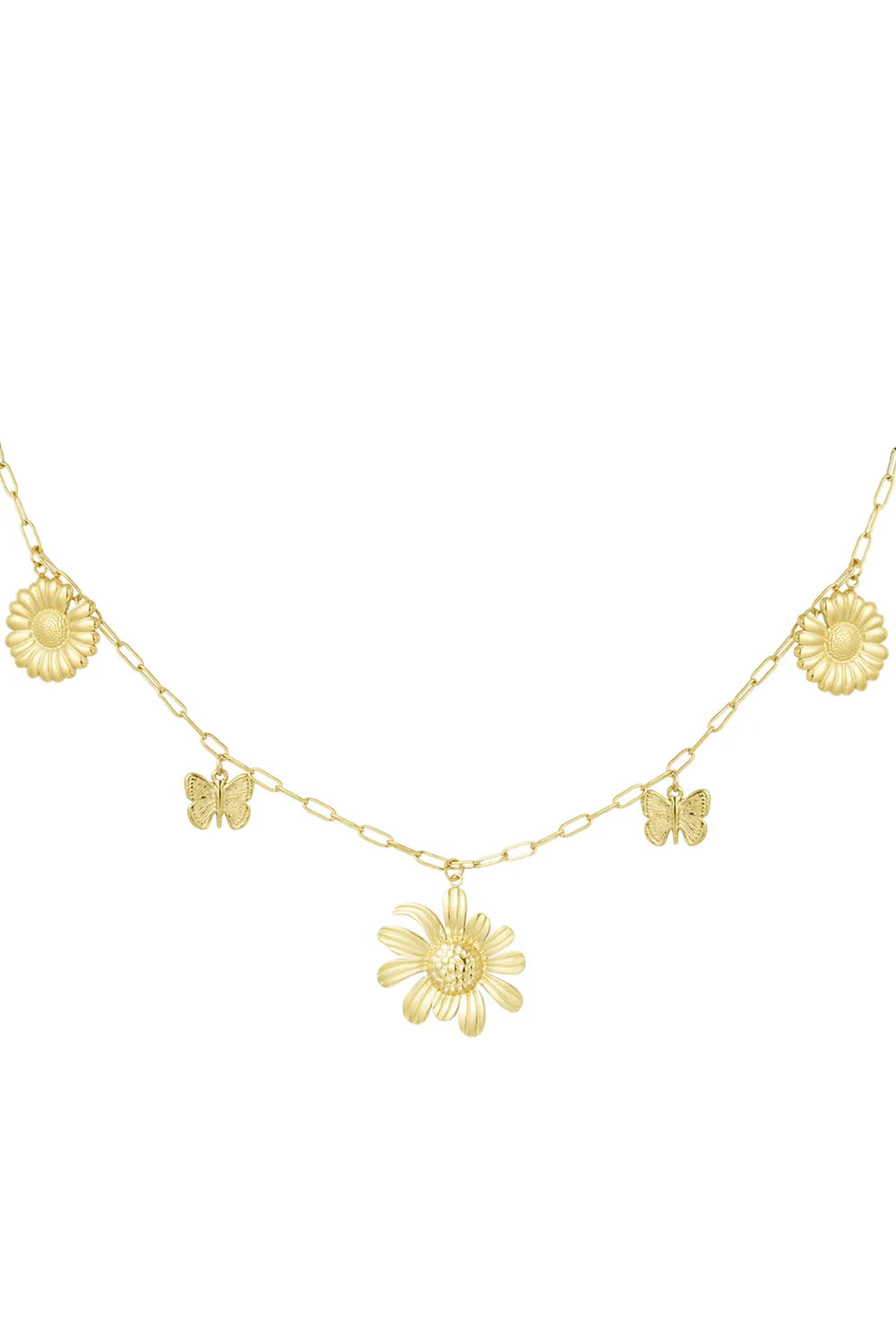 Sunflower Dreams Charm Ketting – Stainless Steel met Bloemen & Vlinder Bedels K024
