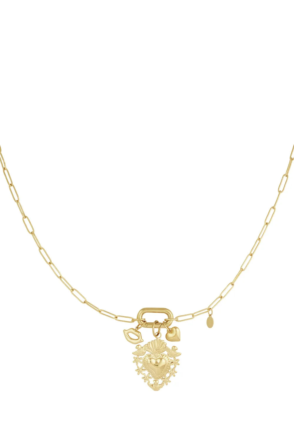 Golden Love Charm Ketting – Stainless Steel met Hart, Bloem & Lucky Bedels K029