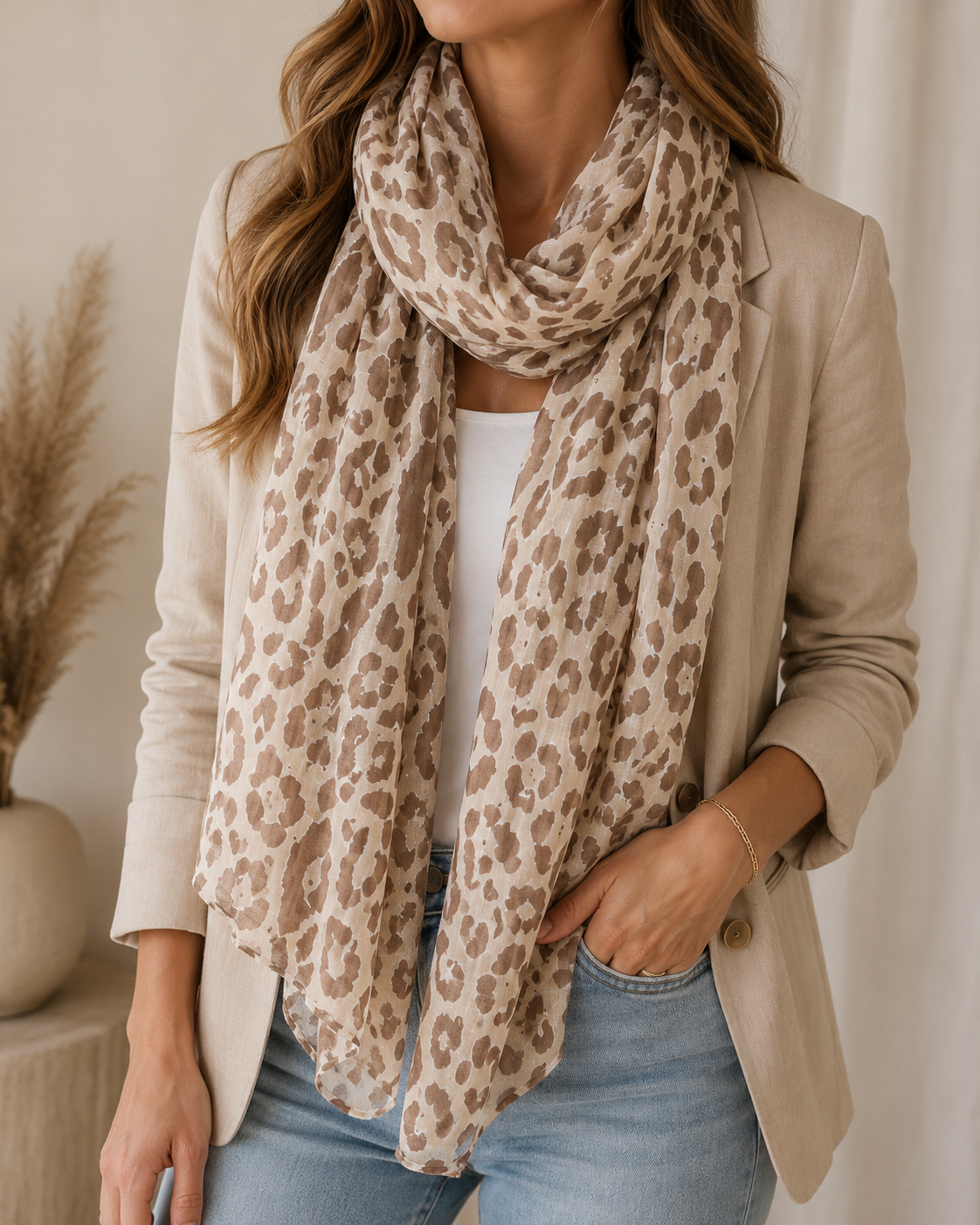 Soft Leopard Sjaal – Beige Panterprint Dames Sjaal FREE gift F009