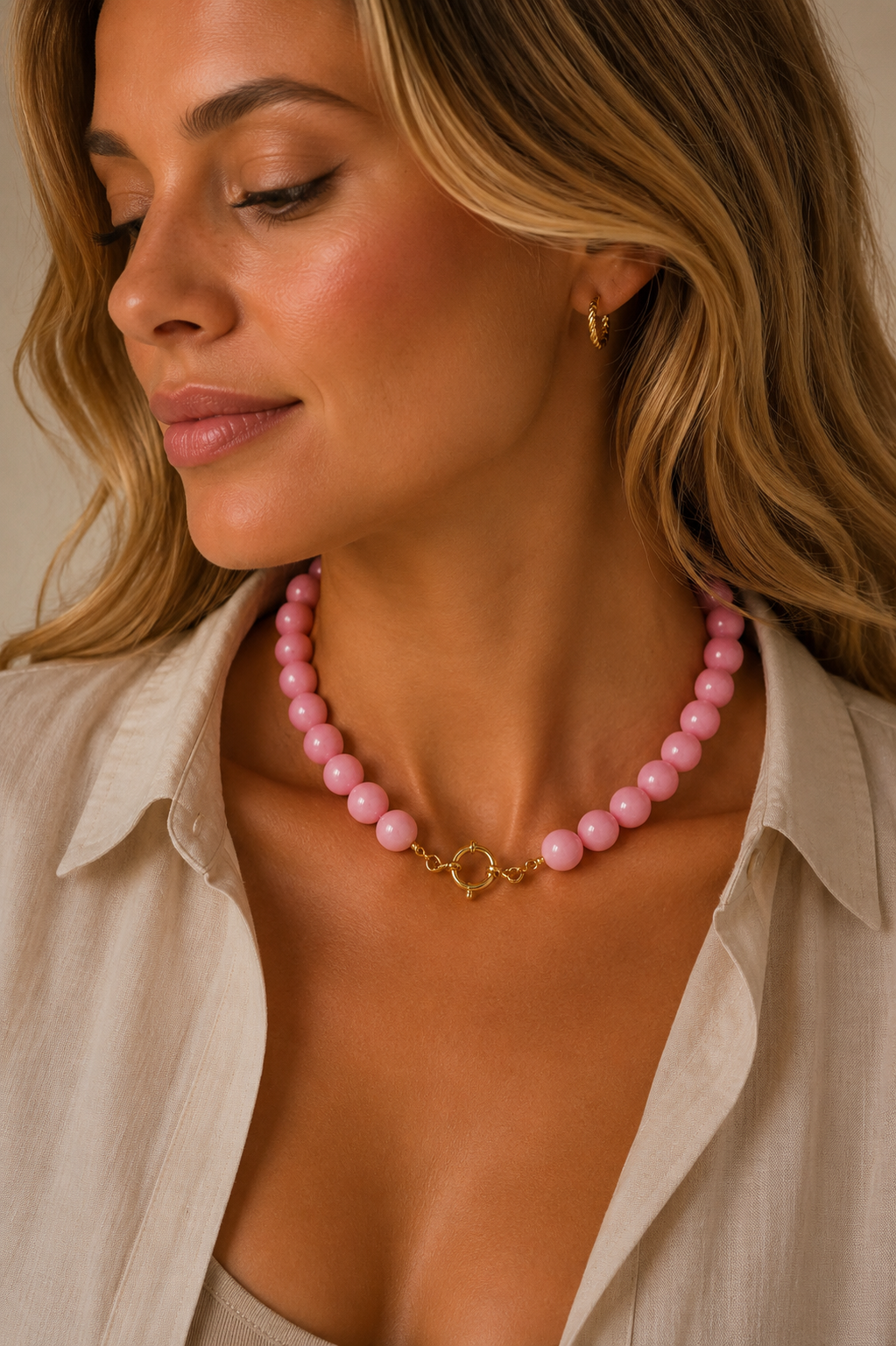 Stainless Steel Kralen Ketting – Soft pink Elegance K017
