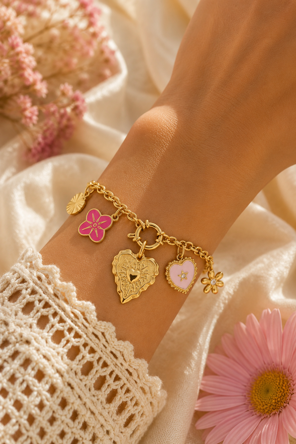 Heart & Flower Charm Armband BA010