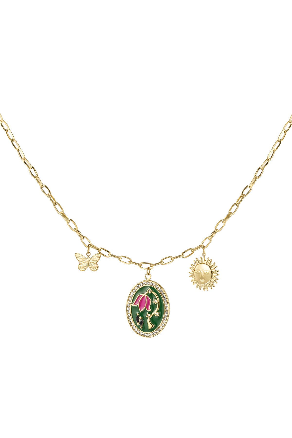 Secret Garden Charm Ketting – Stainless Steel met Bloem, Zon & Vlinder Bedels K027