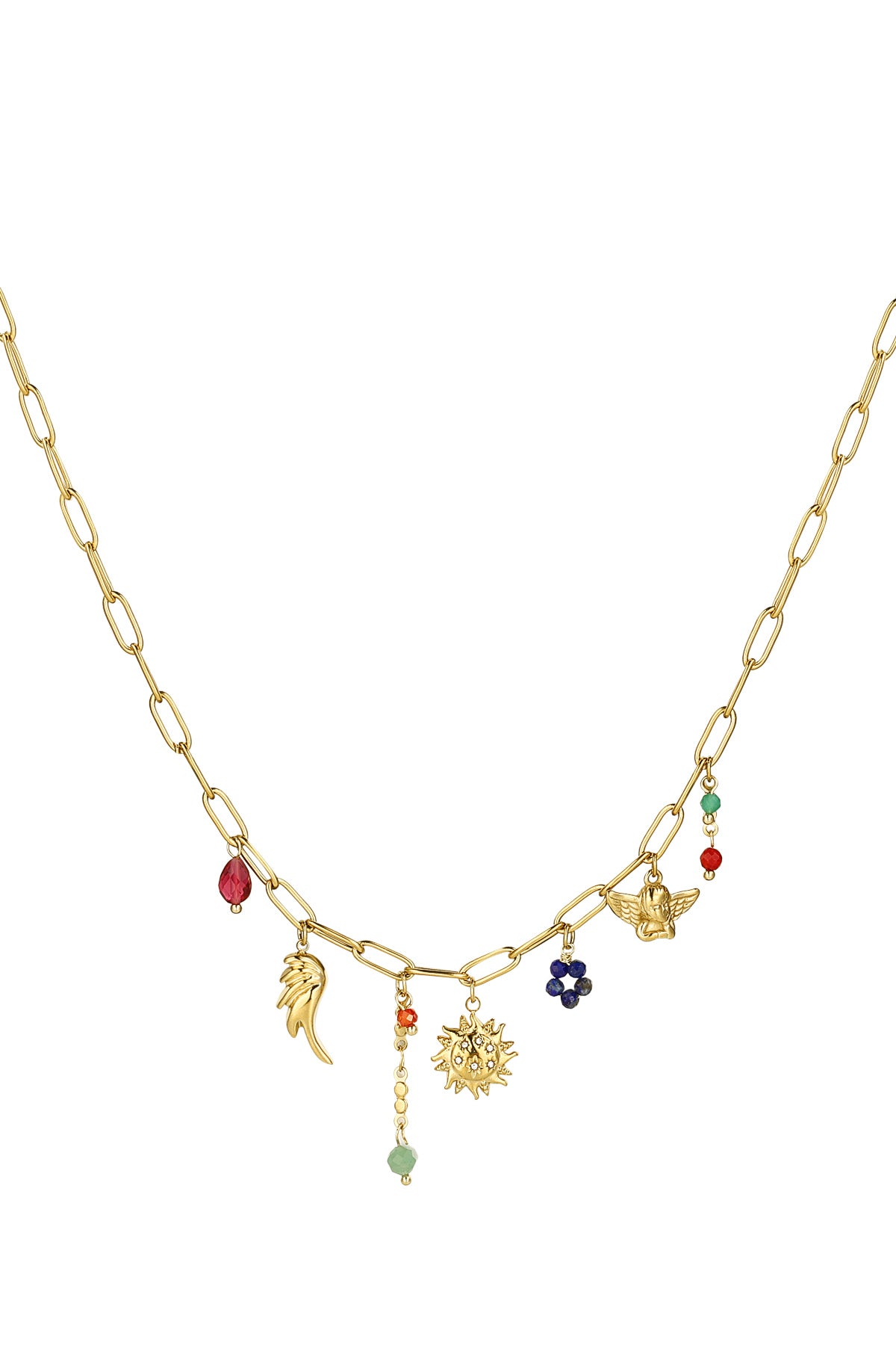 Boho Treasure Charm Ketting – Stainless Steel met Gouden Bedels & Kleurrijke Details K019
