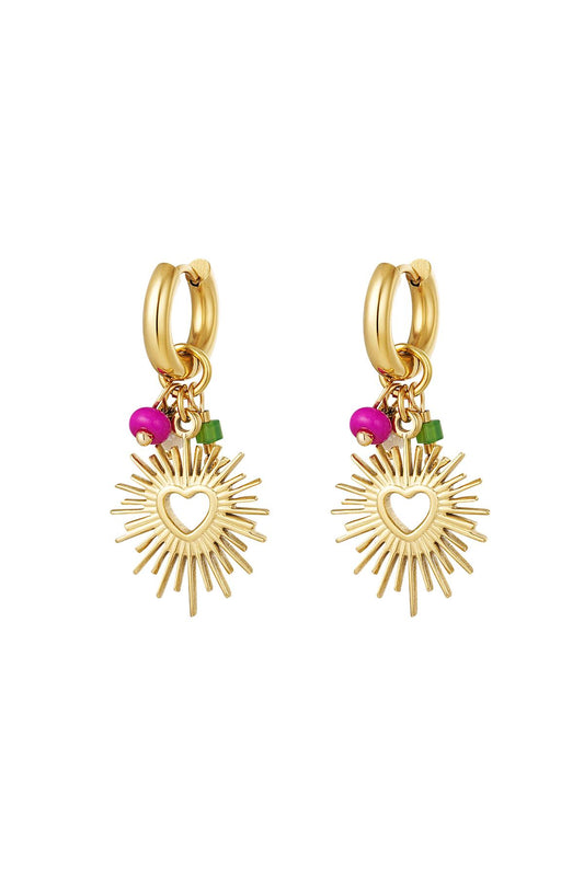 Gouden Heart of Sunshine Oorbellen Stralende Charms met Kleurrijke Details Stainless steel O015