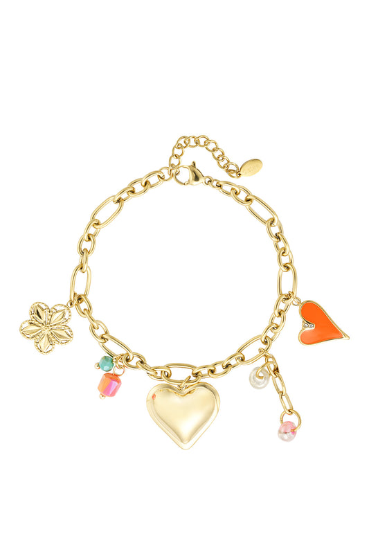 Golden Love Charm Armband – Speelse Stainless Steel Armband met Hart Bedels SA0015