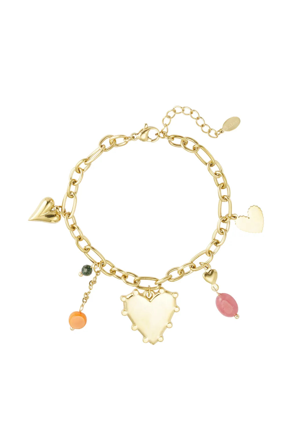 Golden Romance Charm Armband – Luxe Stainless Steel Armband met Hartjes & Kleurrijke Bedels SA0017