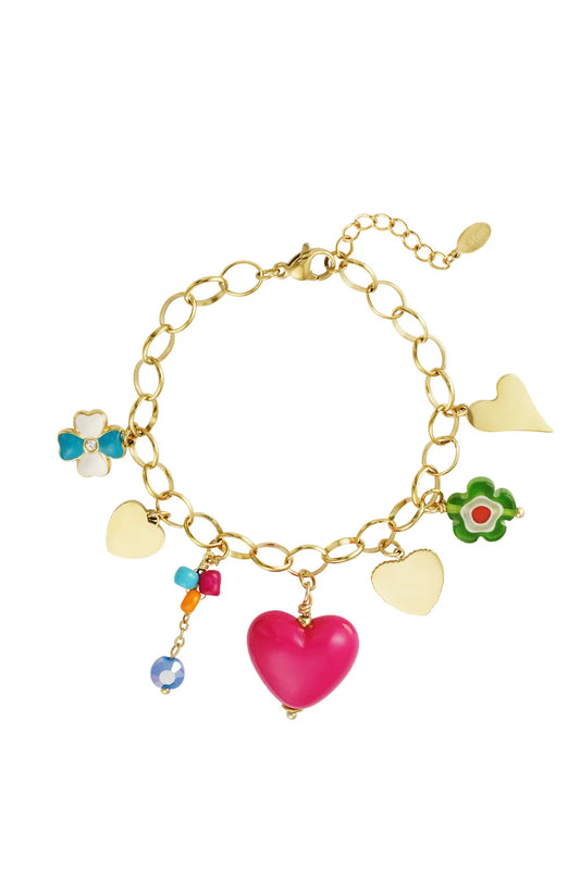 Golden Romance Charm ArmbColorful Love Charm Armband – Stainless Steel Armband met Hartjes & Speelse Bedels SA0018