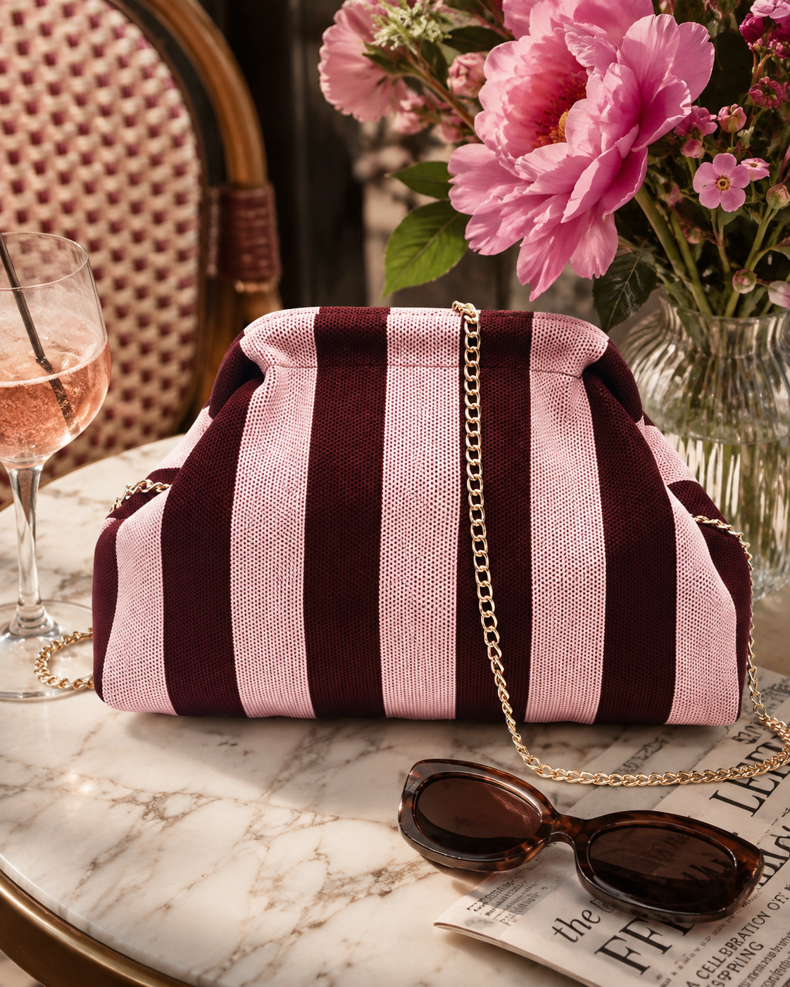 T018 Schoudertas met bordeaux roze Chain Strap