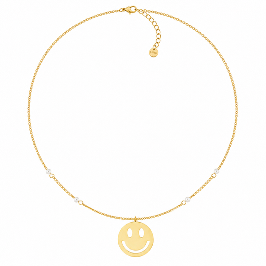 Happy Pearl Smile Ketting – Stainless Steel met Smiley Hanger & Parel Details K022