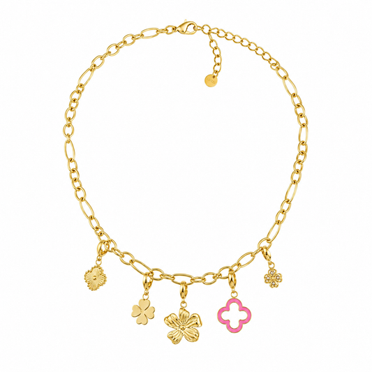 Golden Blossom Charm Ketting – Stainless Steel met Bloemen Bedels K021