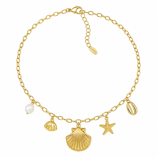 Ocean Treasure Charm Ketting – Stainless Steel met Schelp, Zeester & Parel Bedels K028