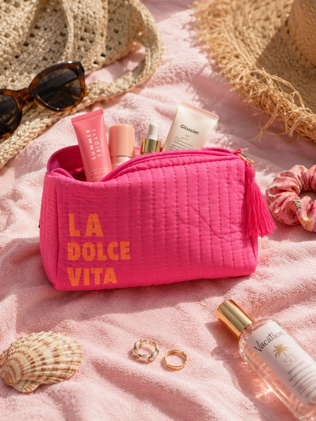 Roze La Dolce Vita Toilettas – Gewatteerde Travel Bag met Tassel Detail M008