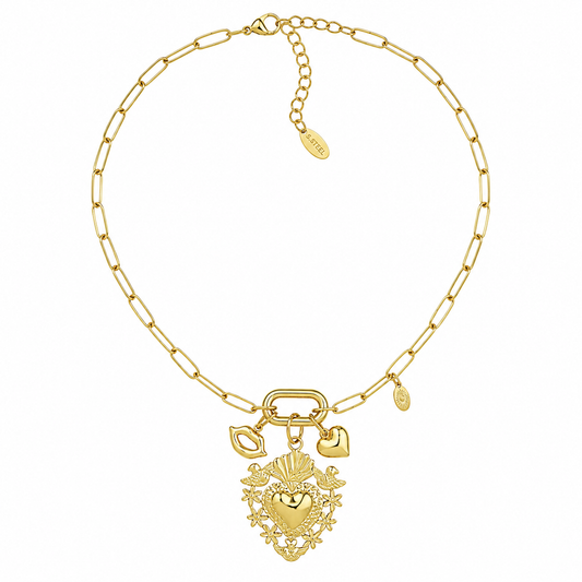 Golden Love Charm Ketting – Stainless Steel met Hart, Bloem & Lucky Bedels K029