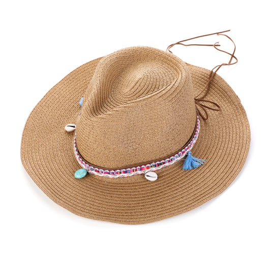 Khaki strohoed met boho details H007