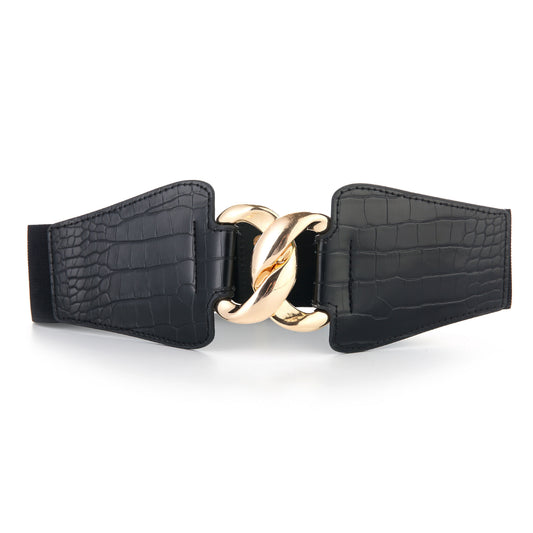 Zwarte Luxe Taille Riem – Stretch Riem met Gouden Schakelgesp FREE gift F004