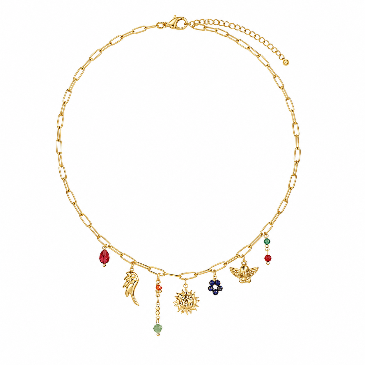 Boho Treasure Charm Ketting – Stainless Steel met Gouden Bedels & Kleurrijke Details K019