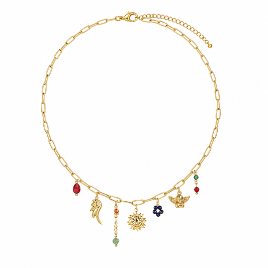 Boho Treasure Charm Ketting – Stainless Steel met Gouden Bedels & Kleurrijke Details K019