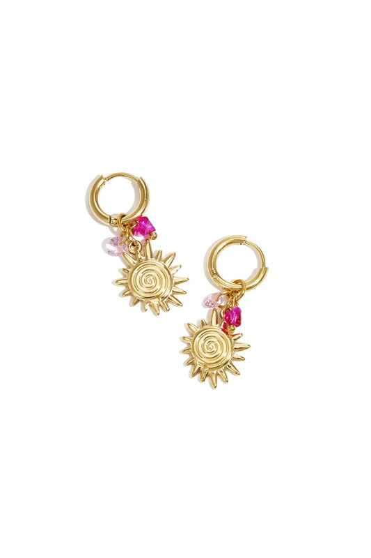 Gouden Sunny Vibes Oorbellen – Stralende Zon Charms met Roze Sparkle Details Stainless steel O016