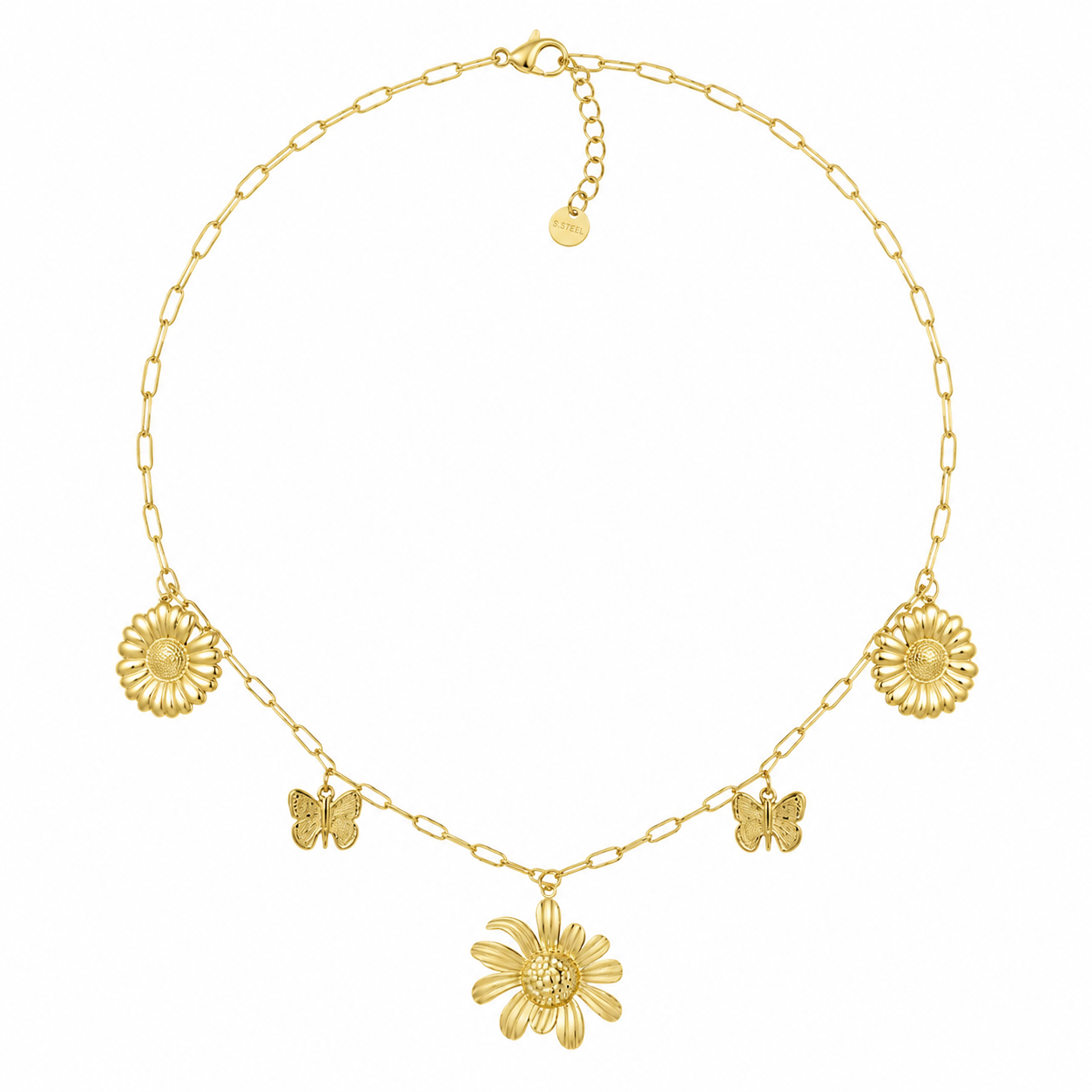 Sunflower Dreams Charm Ketting – Stainless Steel met Bloemen & Vlinder Bedels K024