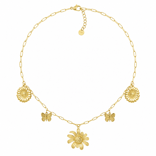 Sunflower Dreams Charm Ketting – Stainless Steel met Bloemen & Vlinder Bedels K024
