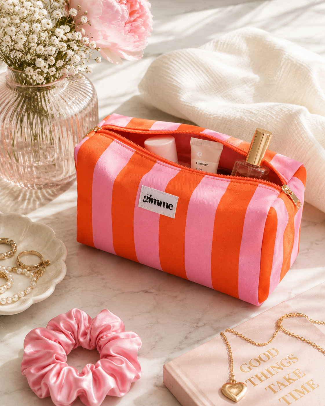 Elegant Beauty tasje roze/oranje gestreept M005