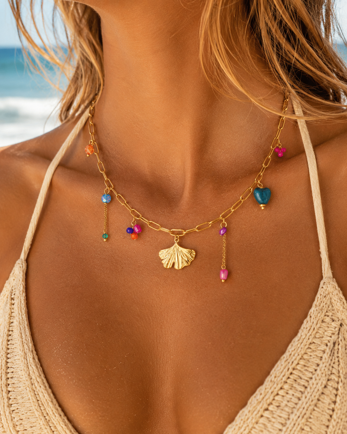 Ocean Bloom Charm Ketting – Stainless Steel met Schelp & Kleurrijke Bedels K020