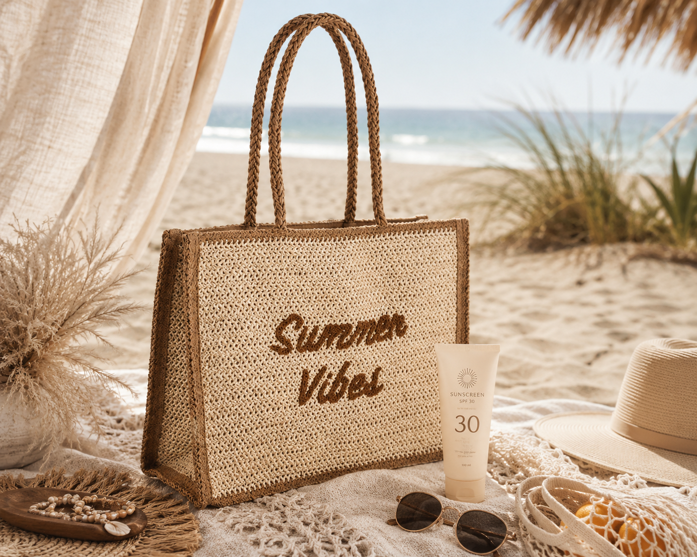 T008 Strandtas “Summer Vibes” (38 x 32 cm)