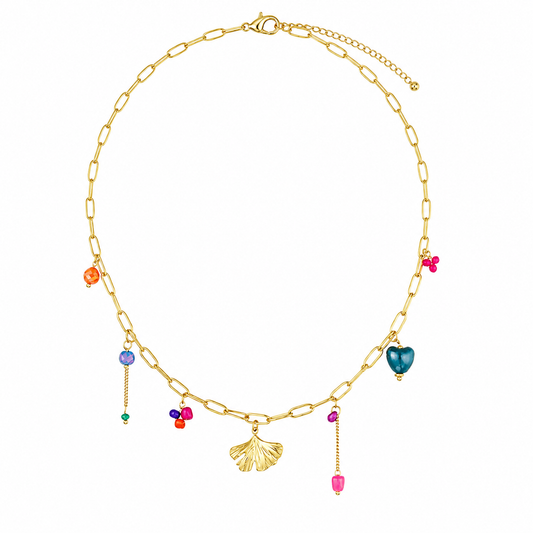 Ocean Bloom Charm Ketting – Stainless Steel met Schelp & Kleurrijke Bedels K020