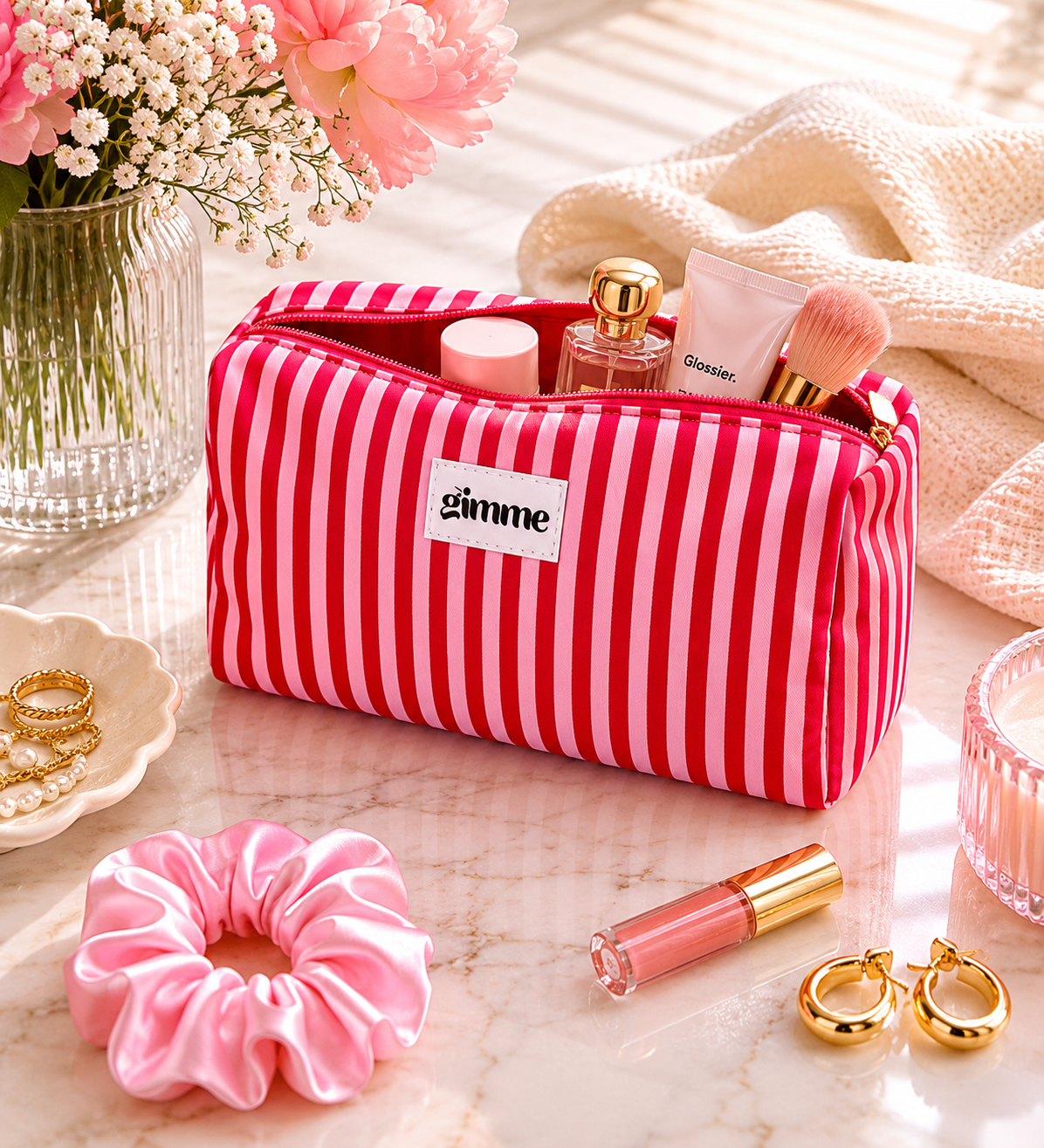 Elegant Beauty tasje roze/rood gestreept M006