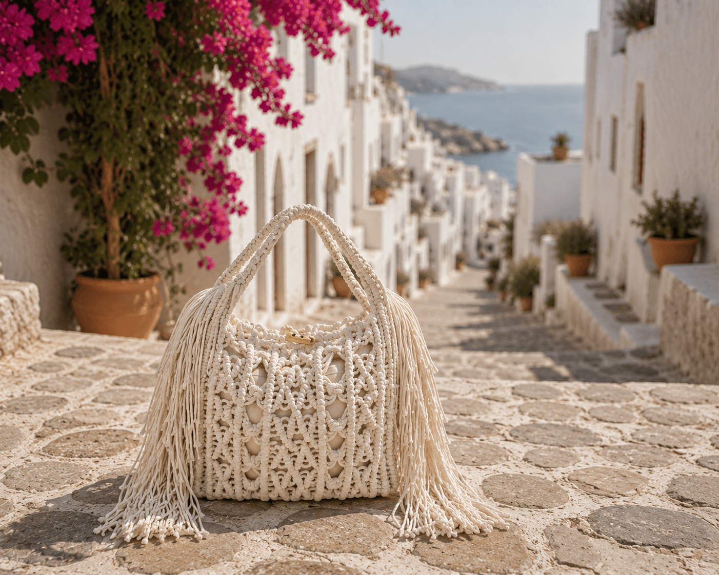 T005 Boho Macramé Schoudertas creme – 100% Katoen