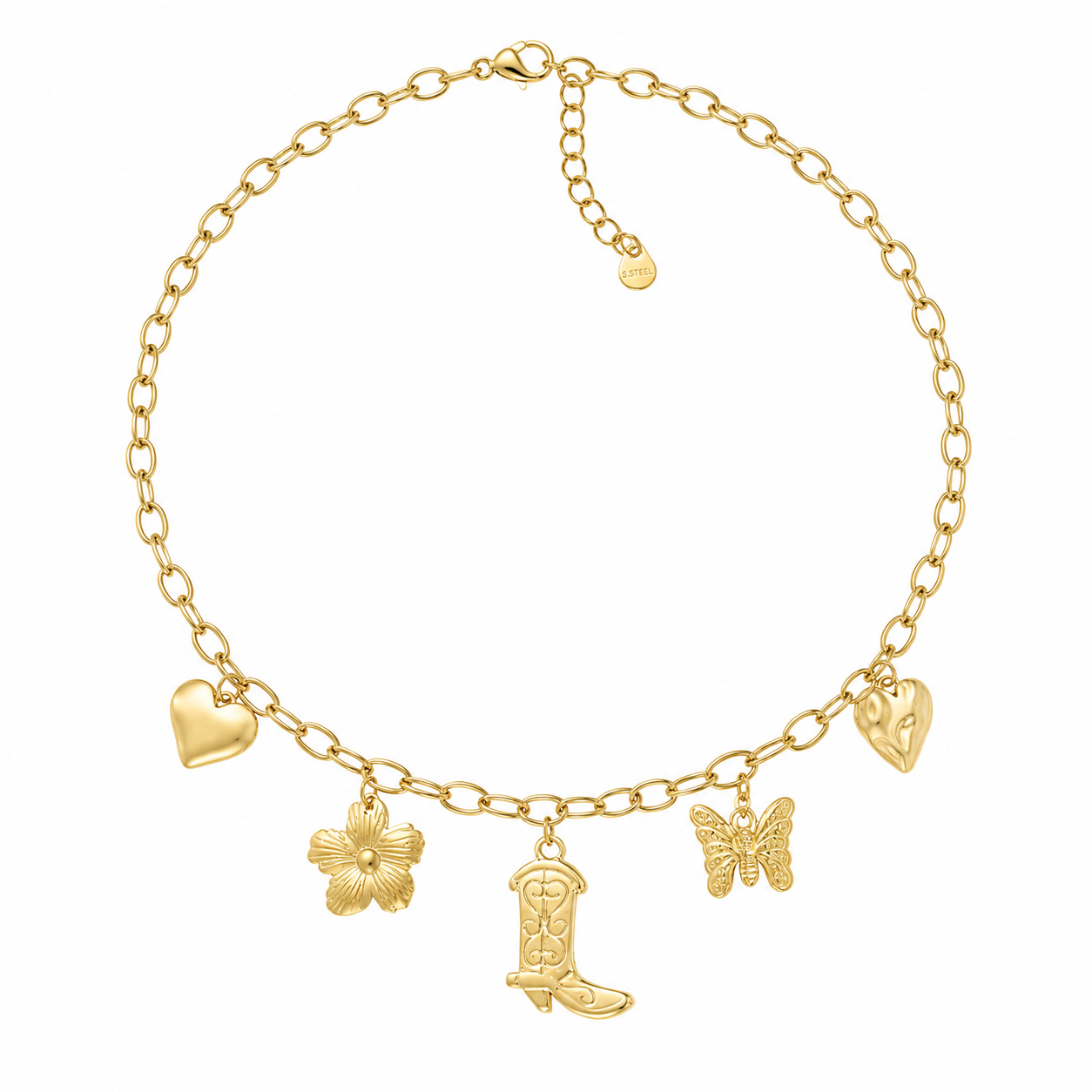 Wildflower Western Charm Ketting – Stainless Steel met Hart, Laars & Vlinder Bedels K023