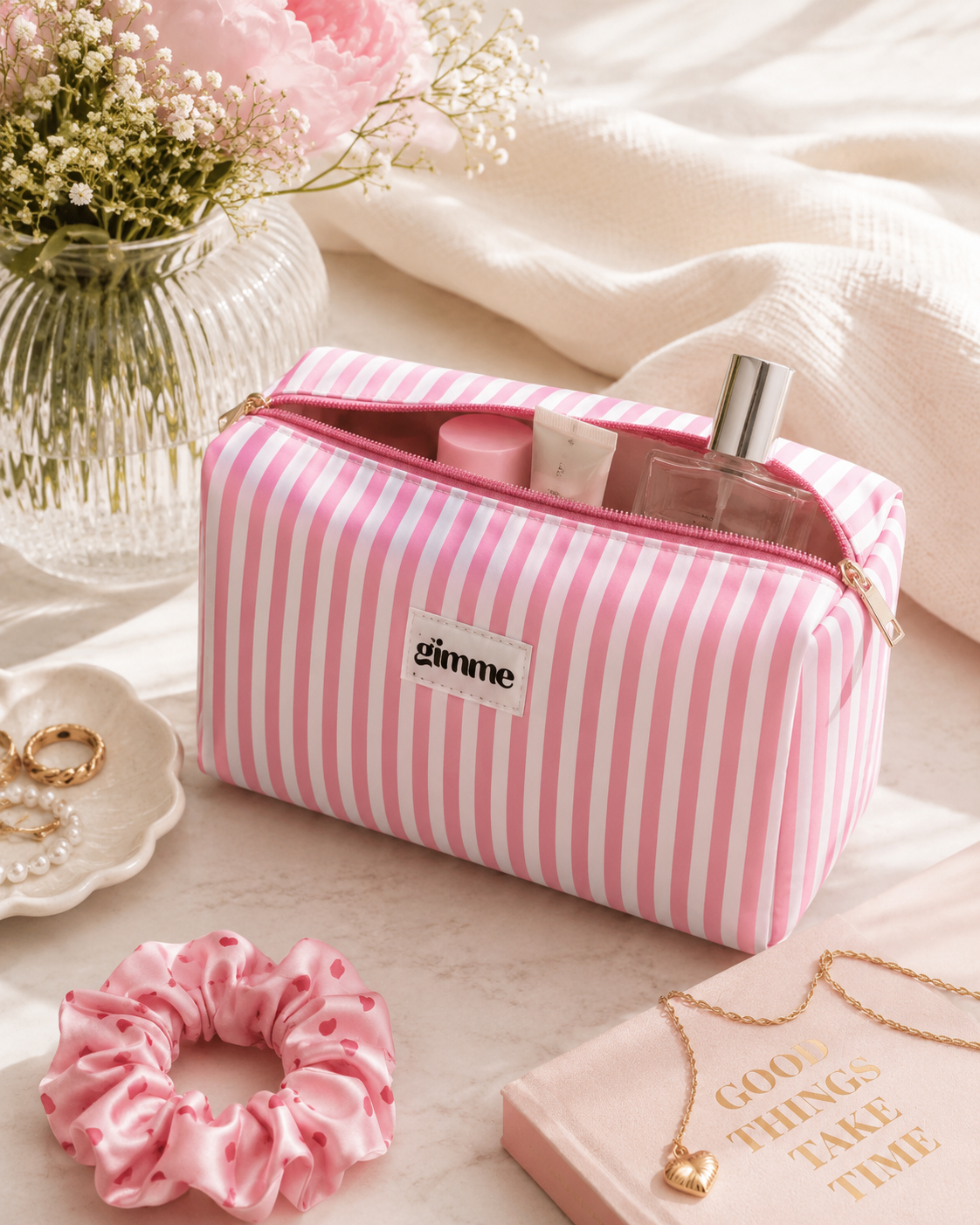 Elegant Beauty tasje roze/wit gestreept M004
