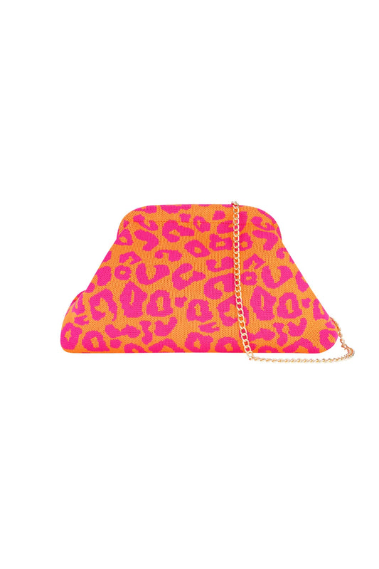 T014 Schoudertas met Oranje/roze leopard & Gouden Chain Strap