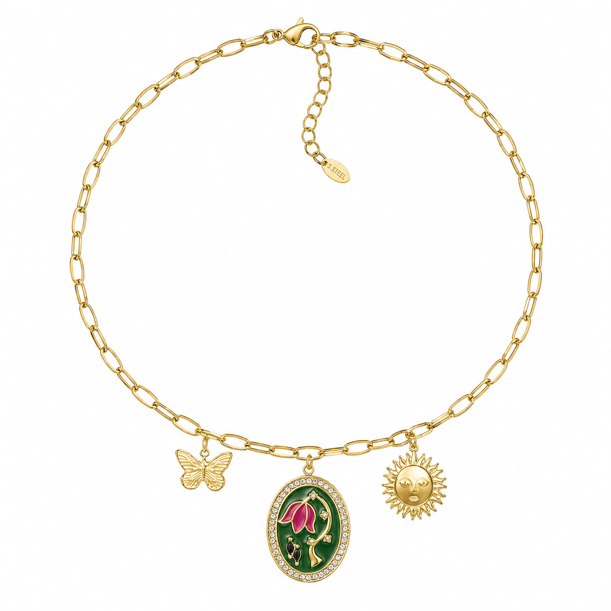 Secret Garden Charm Ketting – Stainless Steel met Bloem, Zon & Vlinder Bedels K027