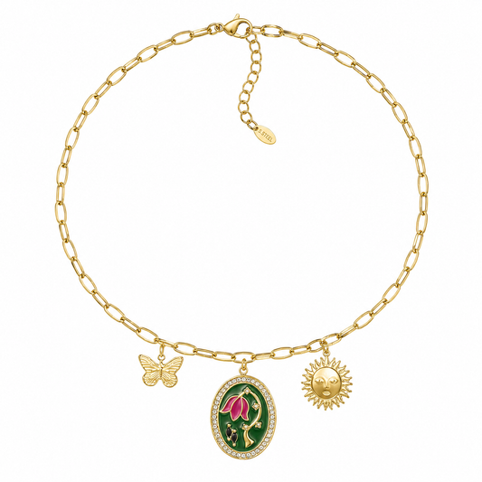 Secret Garden Charm Ketting – Stainless Steel met Bloem, Zon & Vlinder Bedels K027